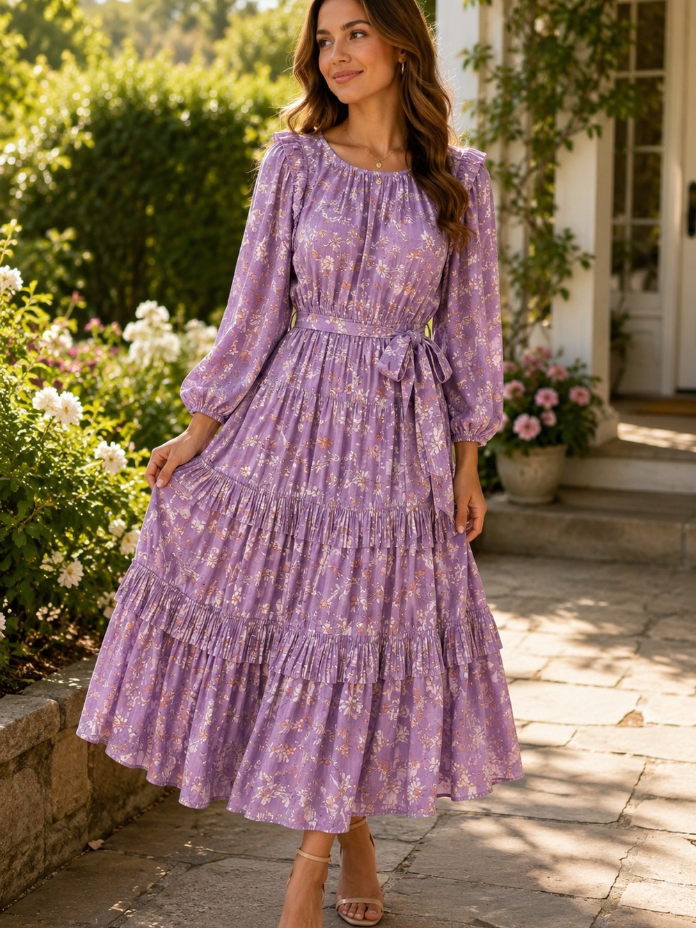 Current Air lavender purple long-sleeve tiered midi dress size Large